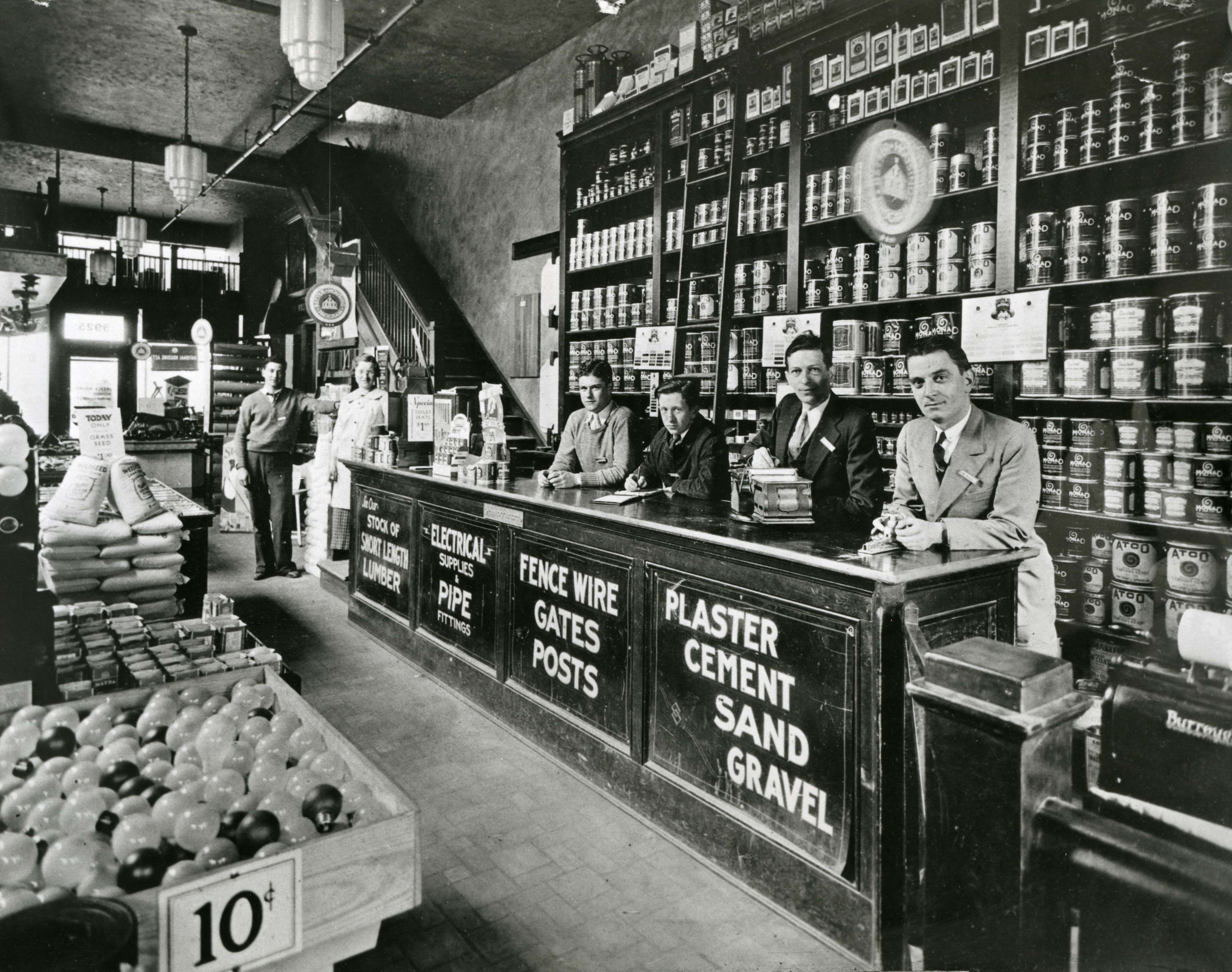 Clerks behind the counter at the Hechinger Georgia Avenue hardware store in Washington DC, 1937, courtesy DC History Center