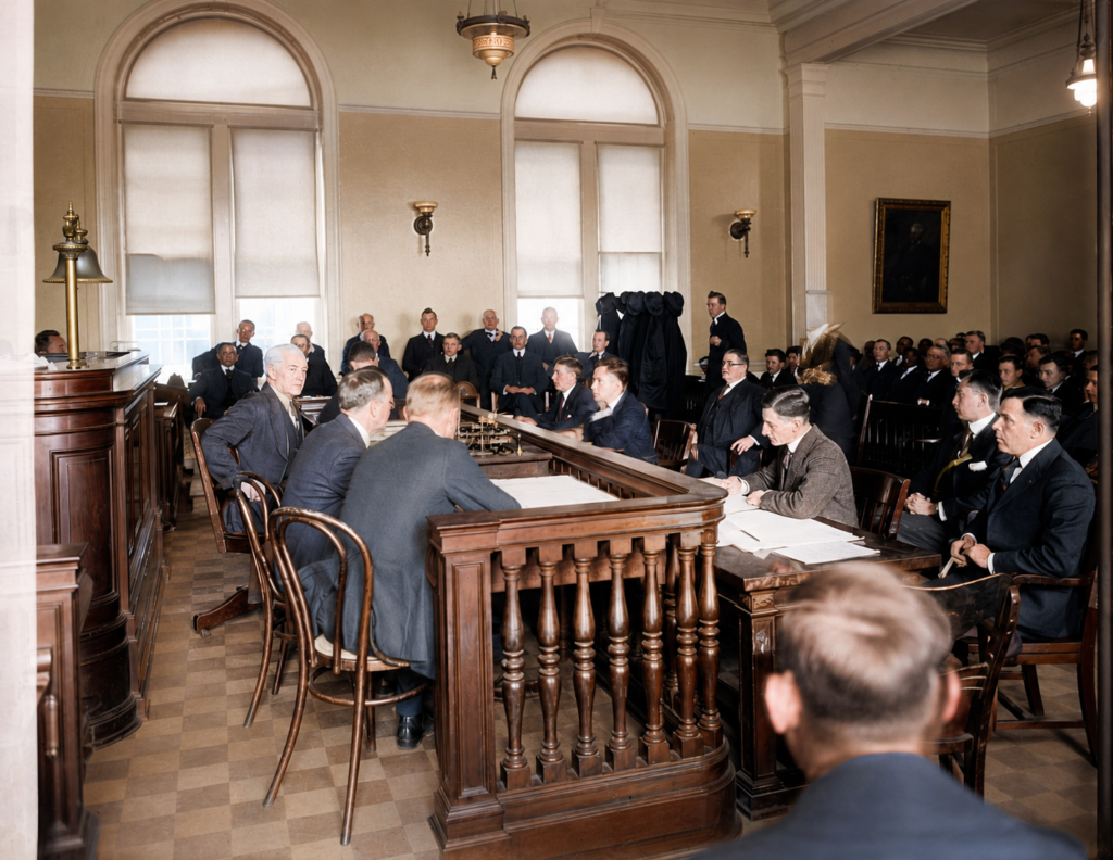 The Wan trial in session at the Supreme Court of the District of Columbia, late 1919. (National Photo Company Collection, Library of Congress.) Colorized by AI.