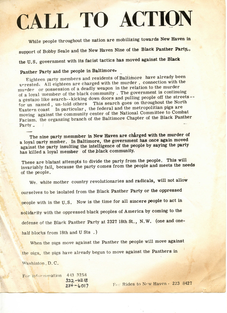 1970 Call to Action flyer naming 2327 18th Street NW as the Black Panther Party DC office