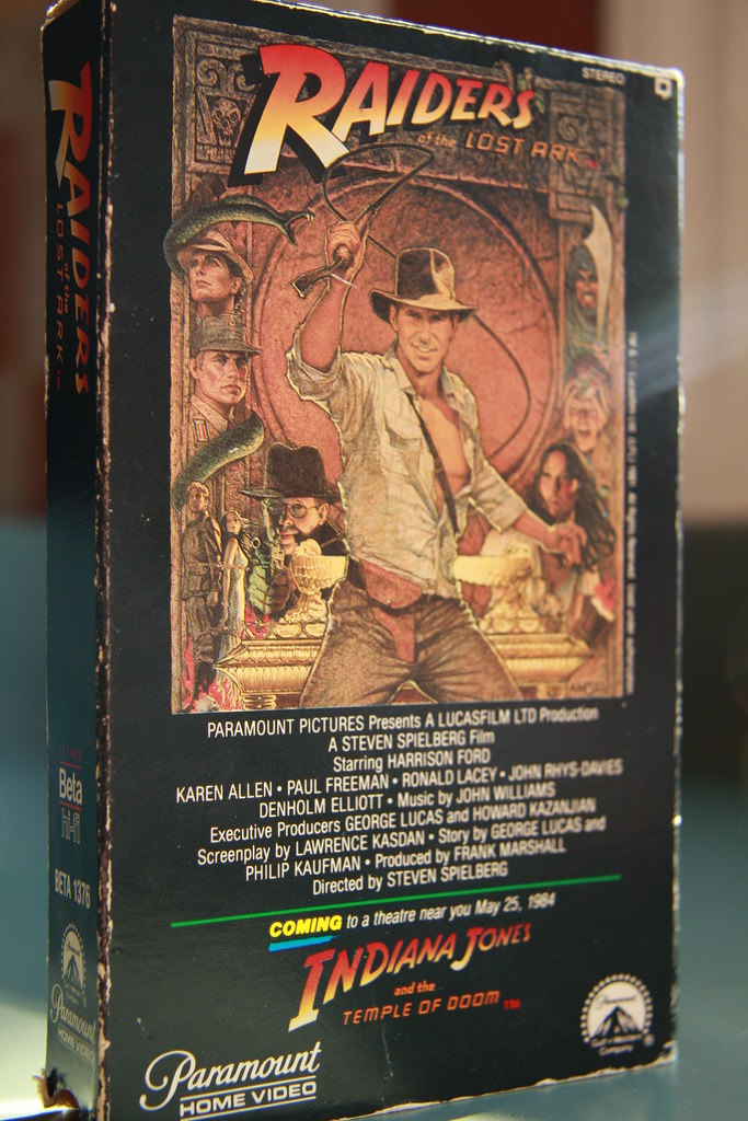 A Betamax-format rental tape of Raiders of the Lost Ark, the kind that filled Erol's shelves in the early 1980s
