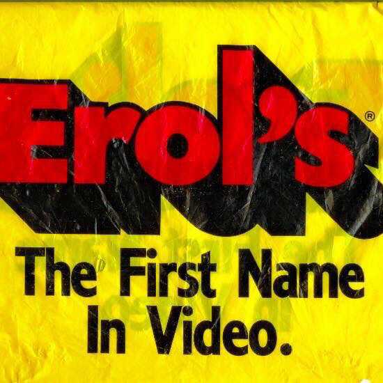 Erol's Video Club logo, red on yellow, 'The First Name In Video'