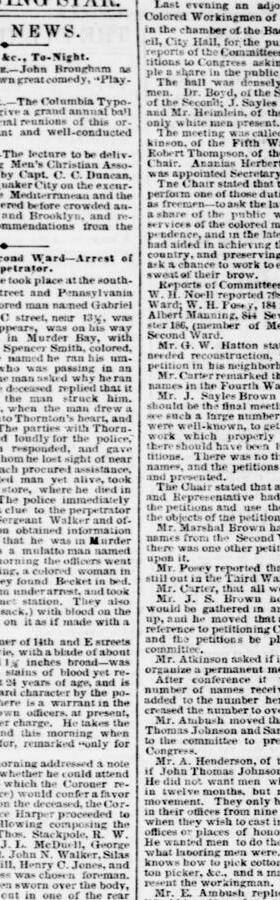 Column clipping from the Evening Star of Washington, January 8, 1868, reporting the killing of Gabriel Thornton in Murder Bay and the arrest of James Beckett.