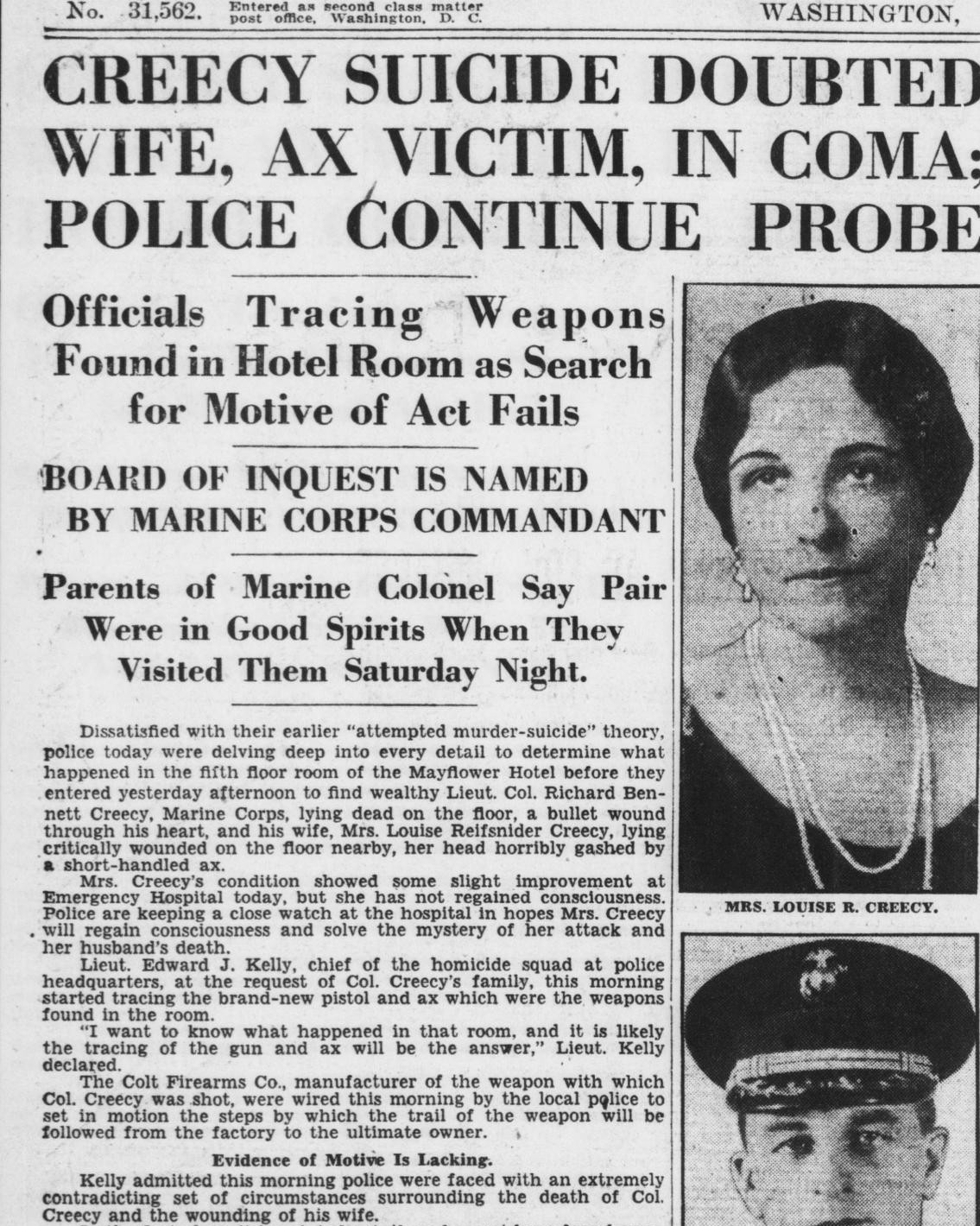 Front page of the Evening Star, September 29, 1930, headline CREECY SUICIDE DOUBTED. WIFE, AX VICTIM, IN COMA, POLICE CONTINUE PROBE
