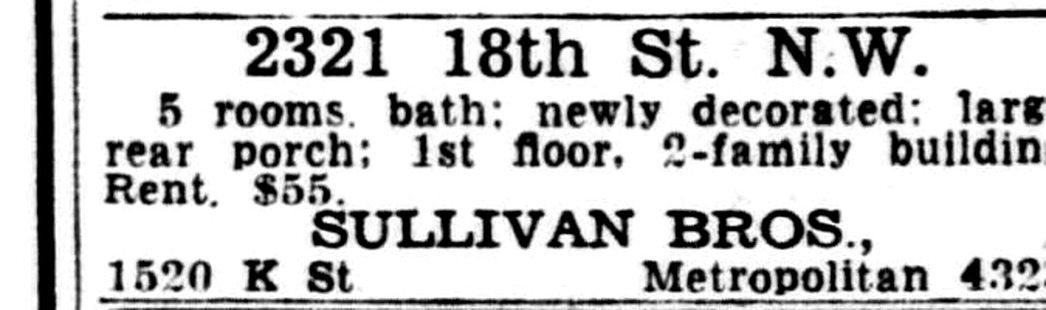 1936 Evening Star classified ad renting the first floor of 2321 18th Street NW for 55 dollars a month
