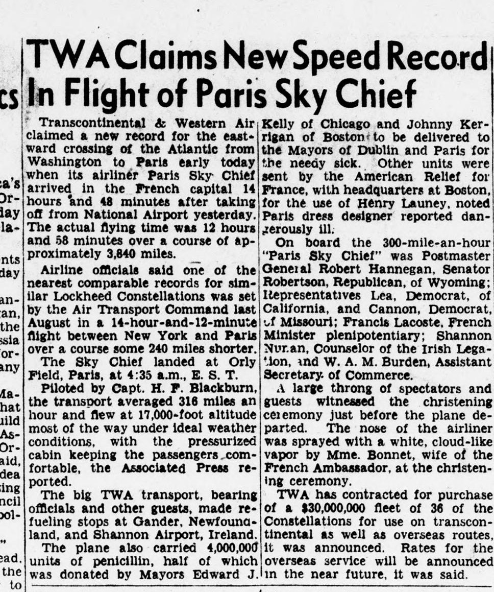 Evening Star article from December 4, 1945 headlined TWA Claims New Speed Record In Flight of Paris Sky Chief