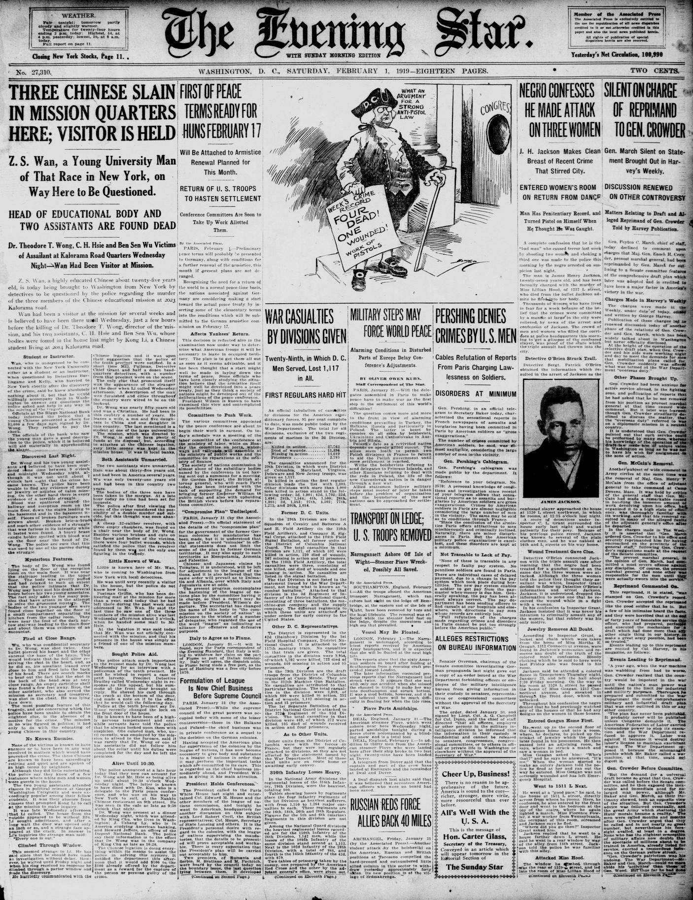 Evening Star front page Feb 1 1919 with headline THREE CHINESE SLAIN IN MISSION QUARTERS HERE