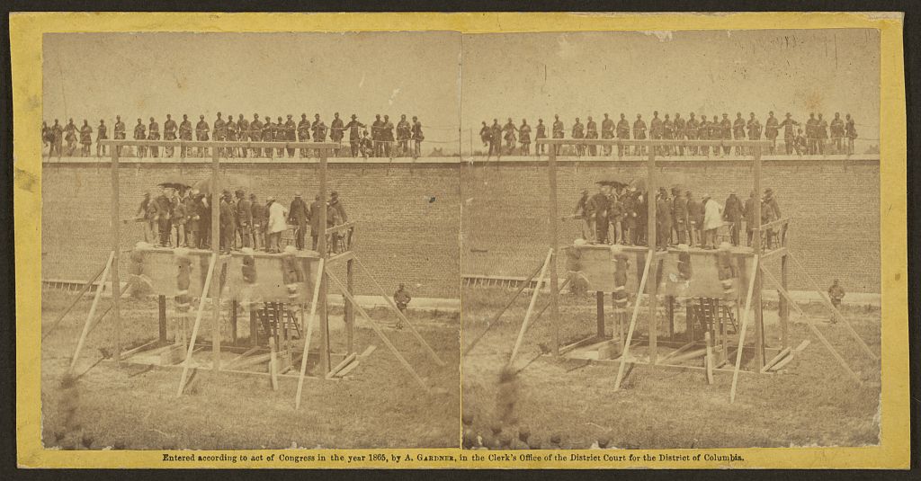 The drop at the execution of the Lincoln conspirators on July 7, 1865, photographed by Alexander Gardner
