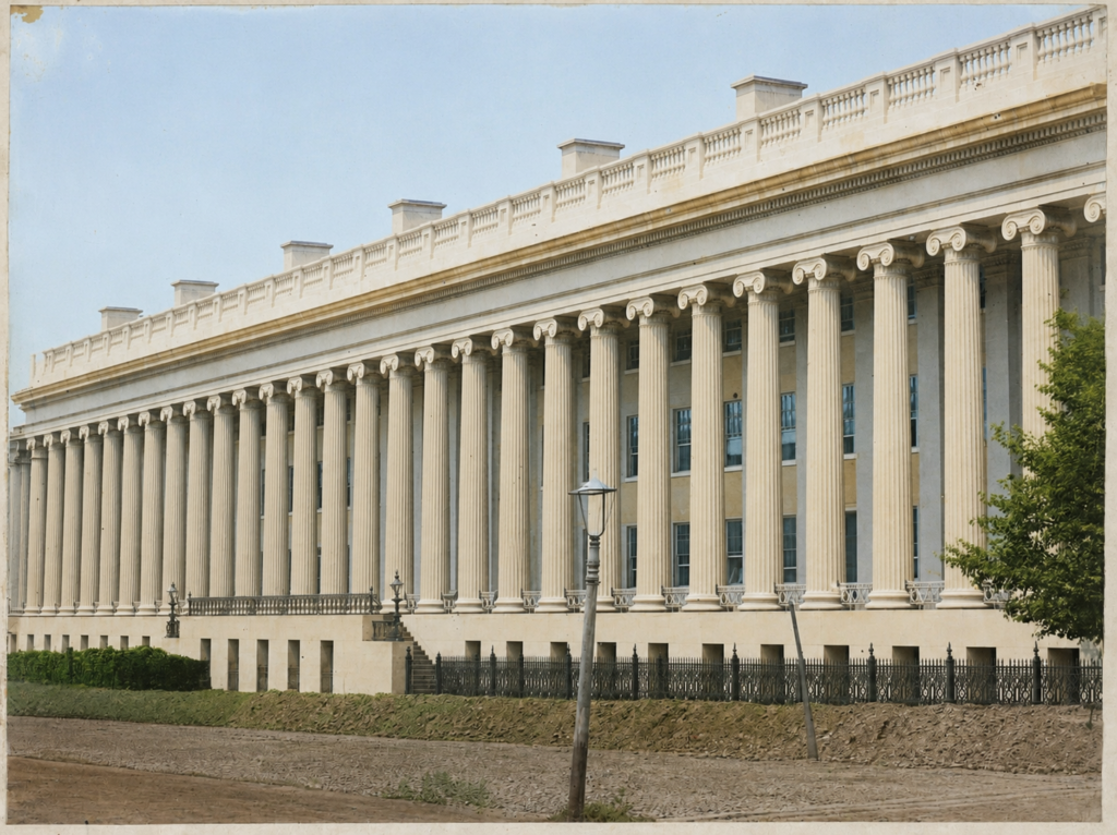 The U.S. Treasury Building, east colonnade, photographed by Lewis E. Walker, 1857-1858. Mary Harris walked through these doors on January 30, 1865. Library of Congress, Prints & Photographs Division. Colorized by AI.