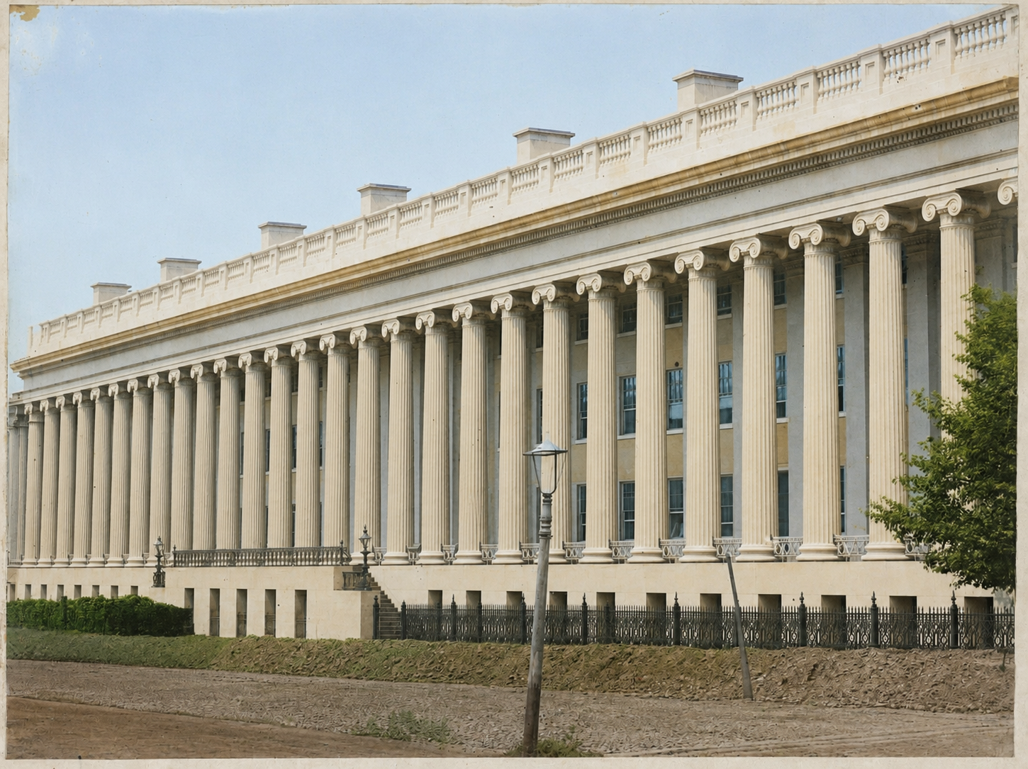 The U.S. Treasury Building, east colonnade, photographed by Lewis E. Walker, 1857-1858. Mary Harris walked through these doors on January 30, 1865. Library of Congress, Prints & Photographs Division. Colorized by AI.