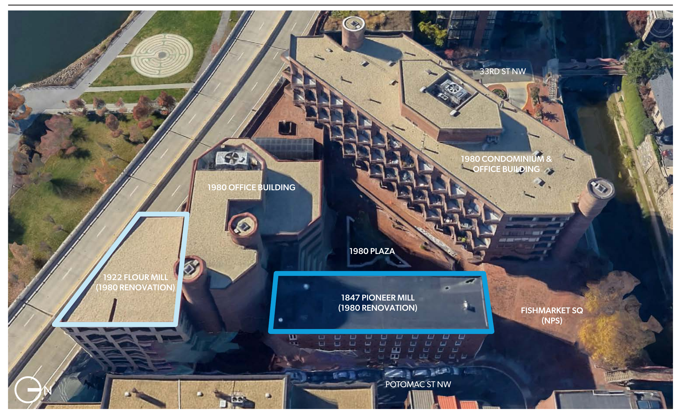 Aerial view labeling the 1847 Pioneer Mill, 1922 flour mill, and 1980 office and condominium buildings