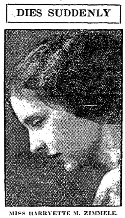 Newspaper portrait of Harryette M. Zimmele under the headline DIES SUDDENLY, Washington Post, October 31, 1929