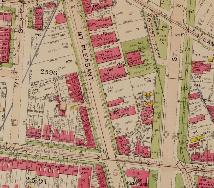 Baist Map, Washington D.C., Vol. 1 (1919),The diagonal road labeled "Mt. Pleasant or Old 16th St. N.W." is the modern Mount Pleasant Street. The 3100 block of Mount Pleasant sits just north of Irving N.W (formerly Kennesaw). Library of Congress, Geography and Map Division.