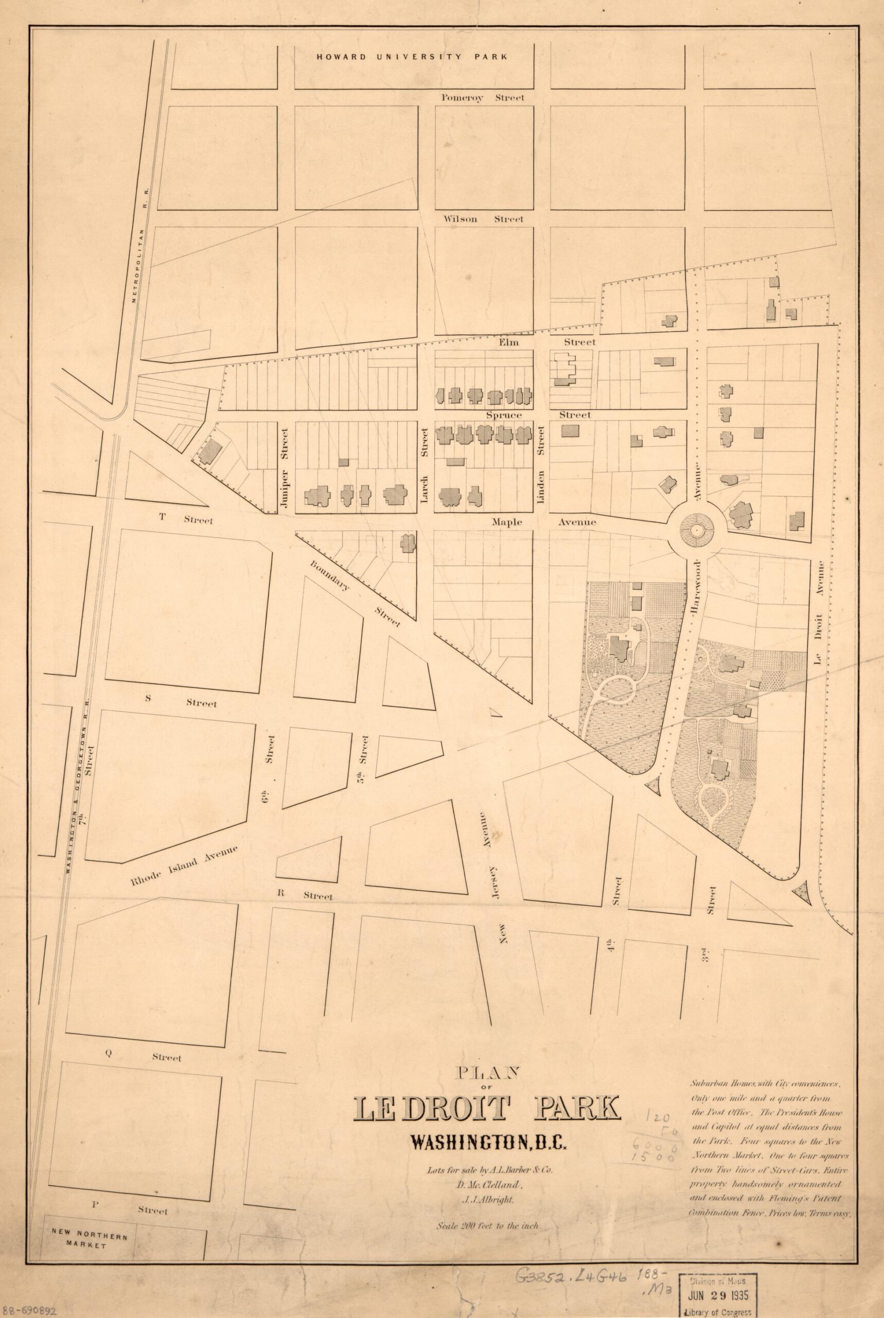 1880 Plan of LeDroit Park showing tree-named streets and lots