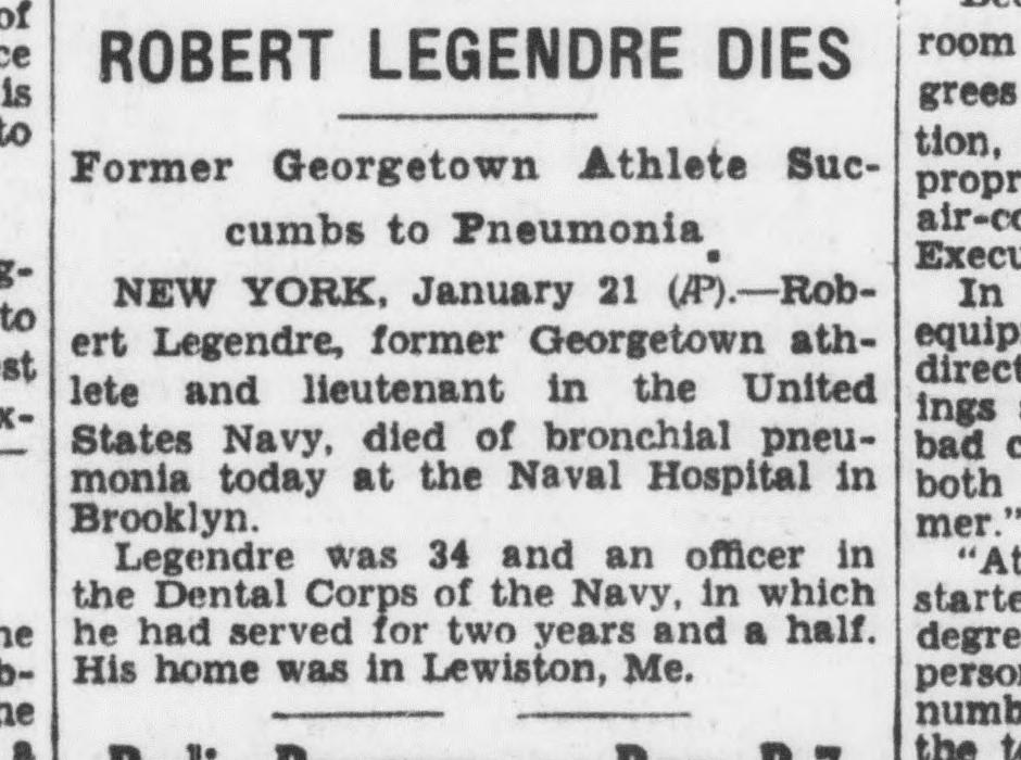 Evening Star, January 21, 1931: Robert LeGendre Dies