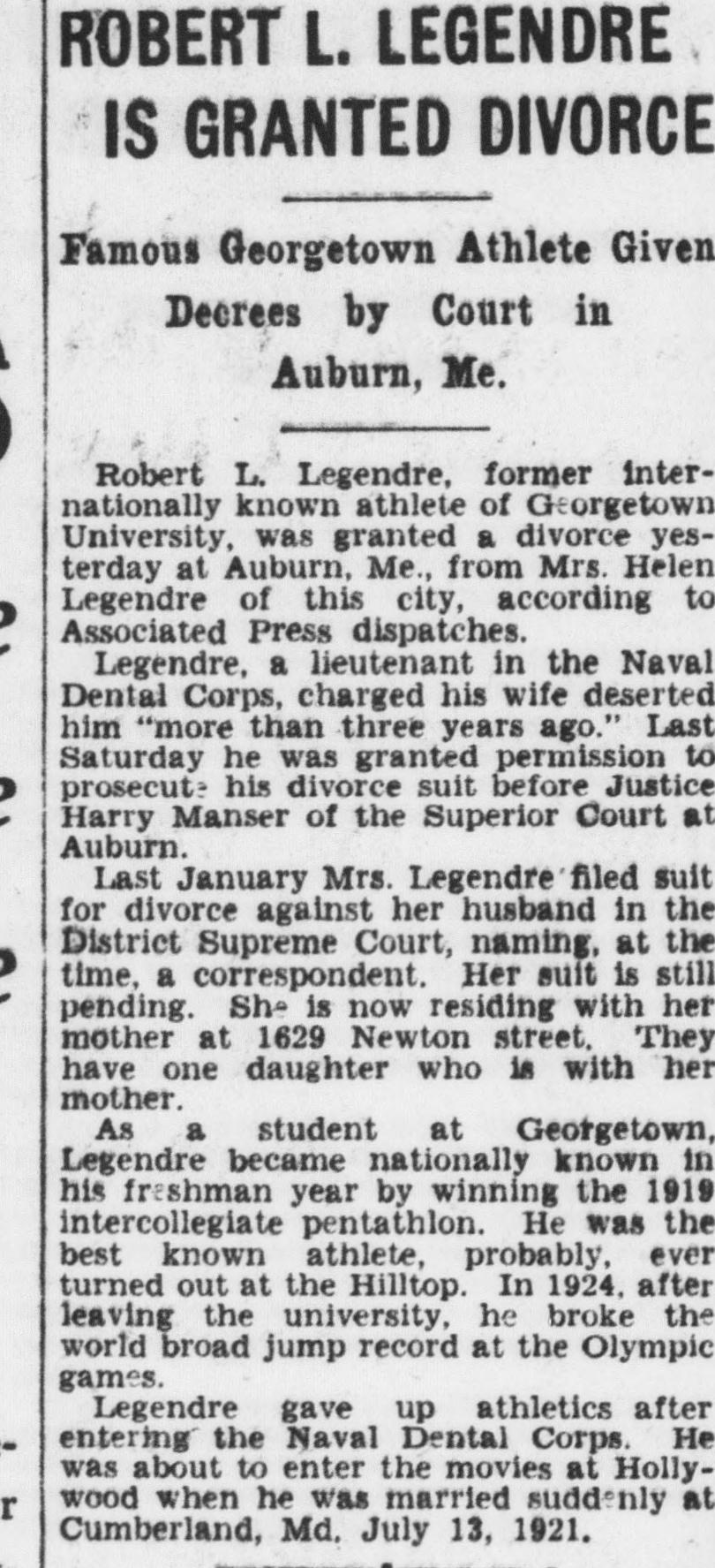 Evening Star headline, December 31, 1930: Robert L. LeGendre Is Granted Divorce