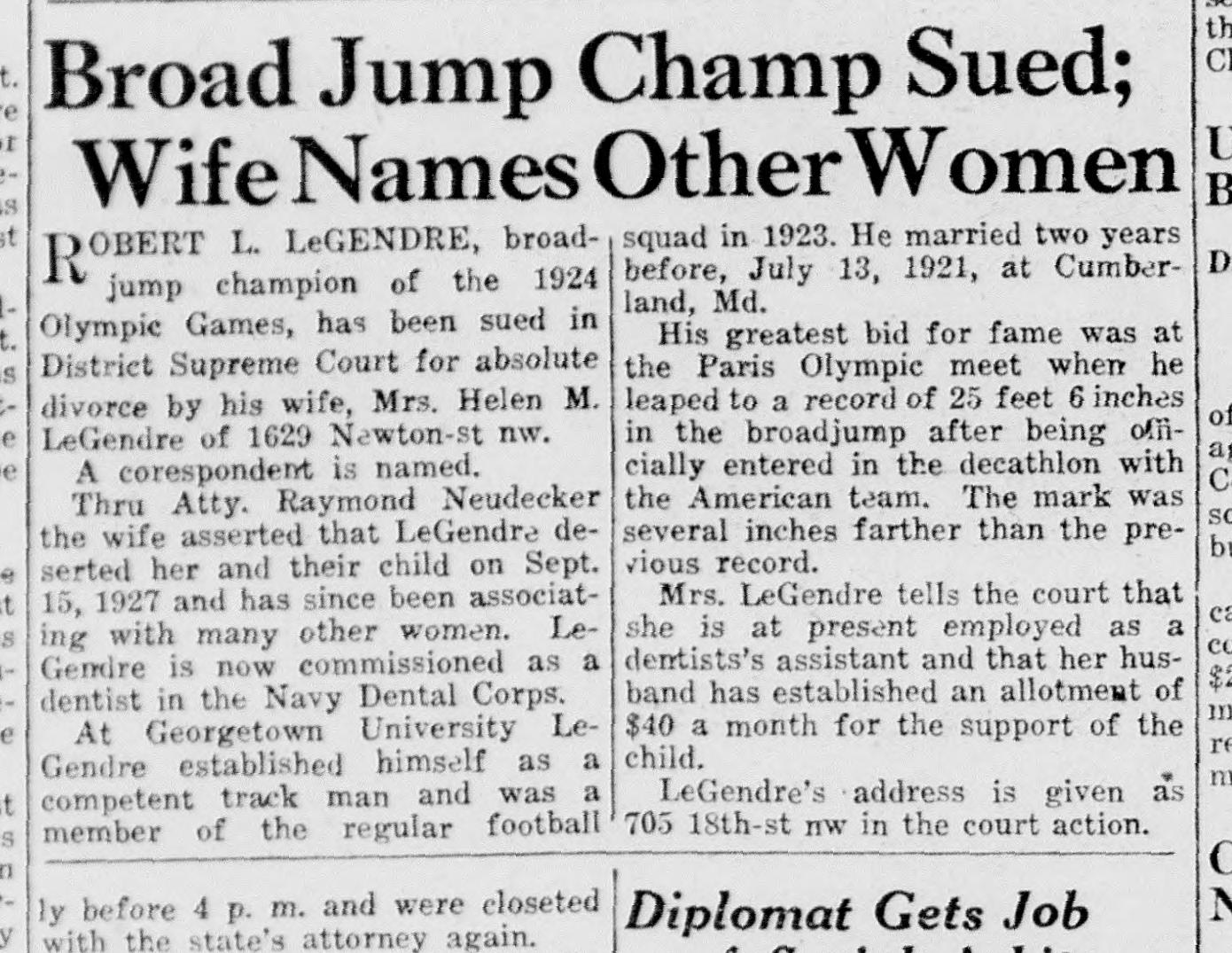 Washington Daily News headline, January 10, 1930: Broad Jump Champ Sued; Wife Names Other Women