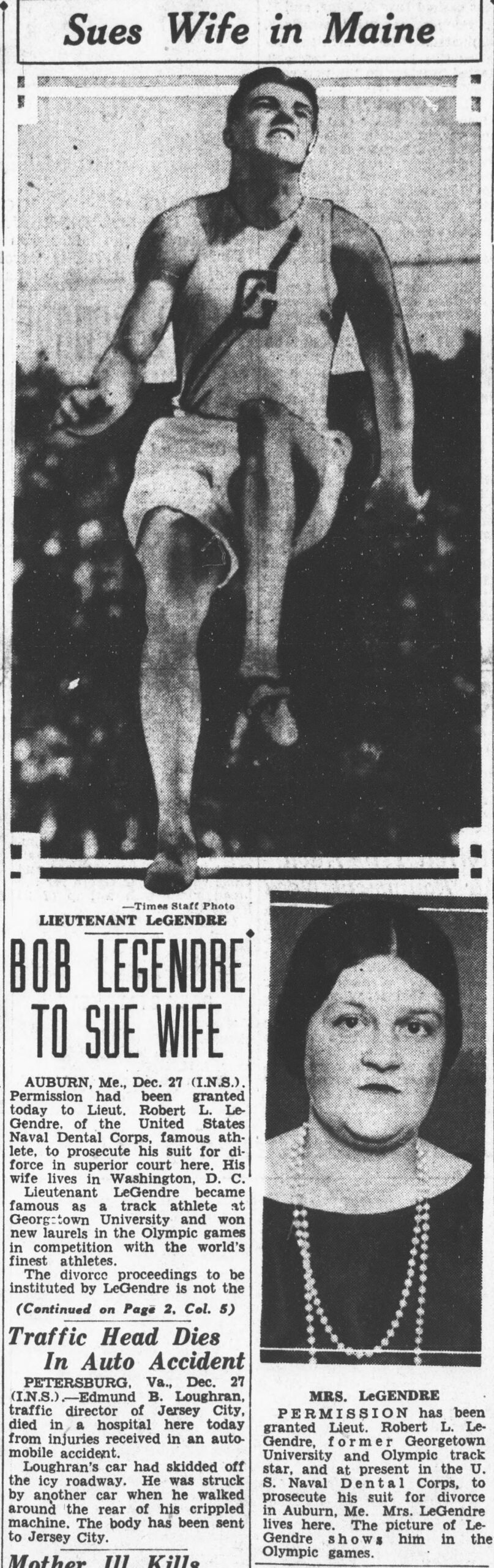 Washington Times, December 27, 1930, with photos of Robert and Helen LeGendre under the headline Bob LeGendre to Sue Wife