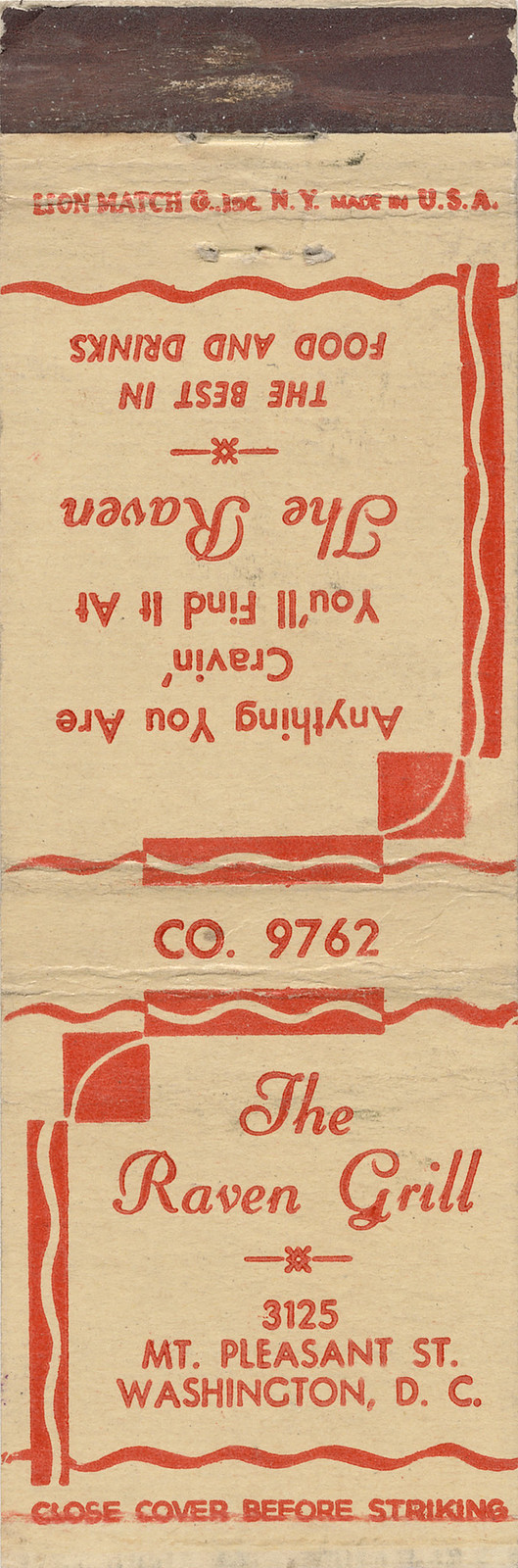 Vintage 1940s matchbook cover from the Raven Grill