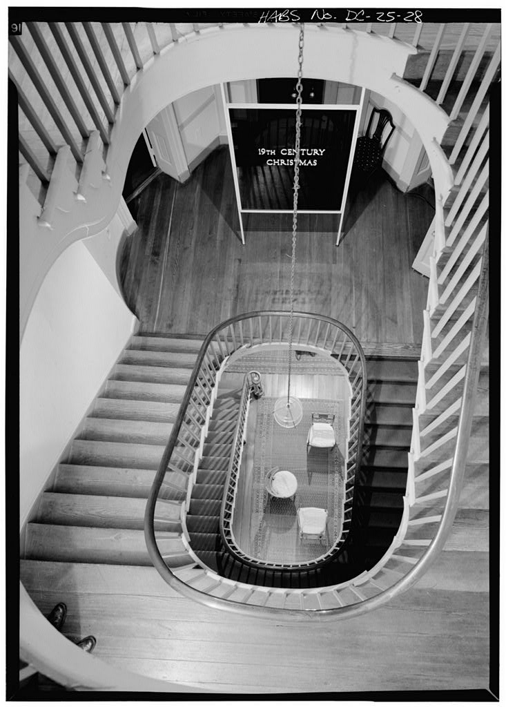View looking down the spiral staircase at Octagon House from the third floor landing