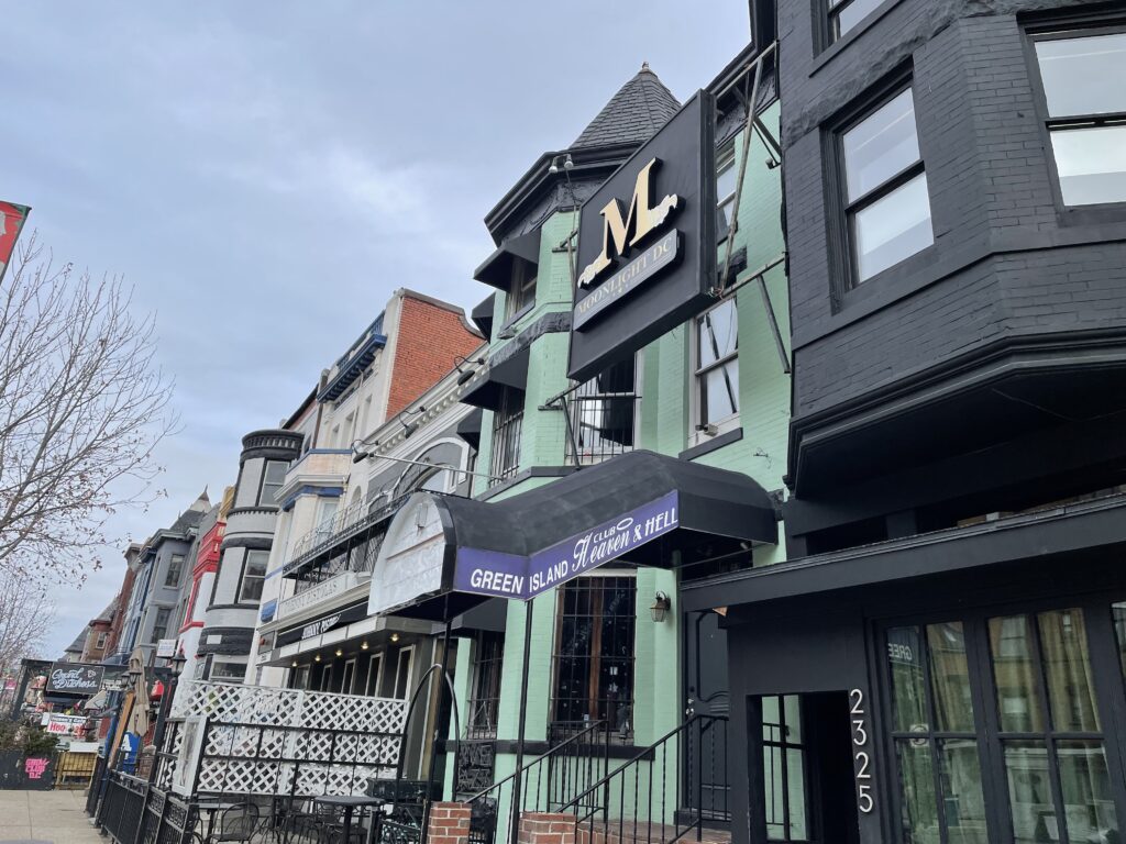 2327 18th Street NW in February 2025 with restored Heaven and Hell signage and the Moonlight DC sign above