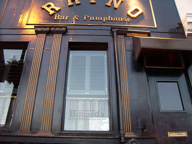 Close up Rhino Bar and Pumphouse facade 2015 Woodward Brothers sign