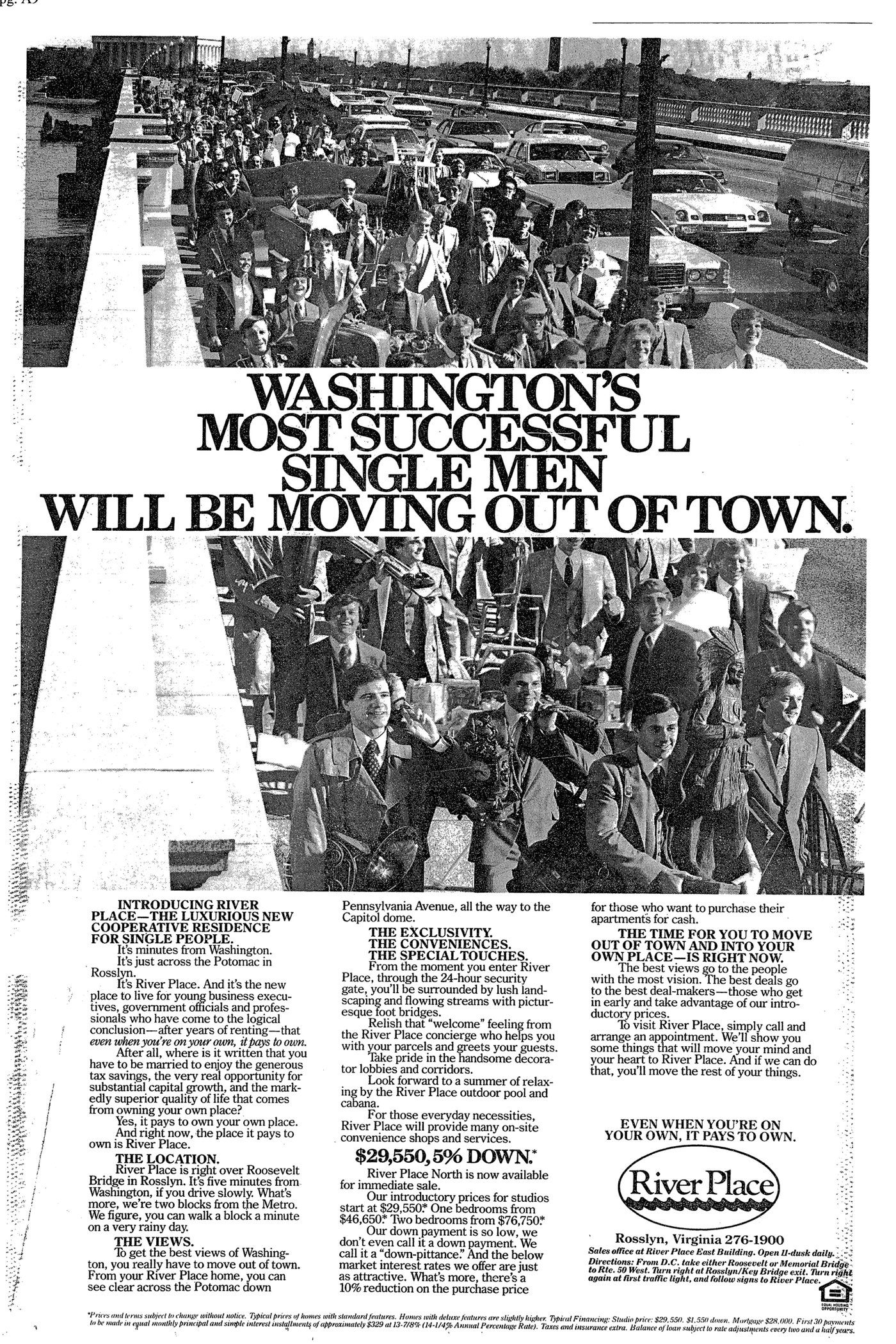 1982 River Place newspaper ad showing young singles marching across Memorial Bridge