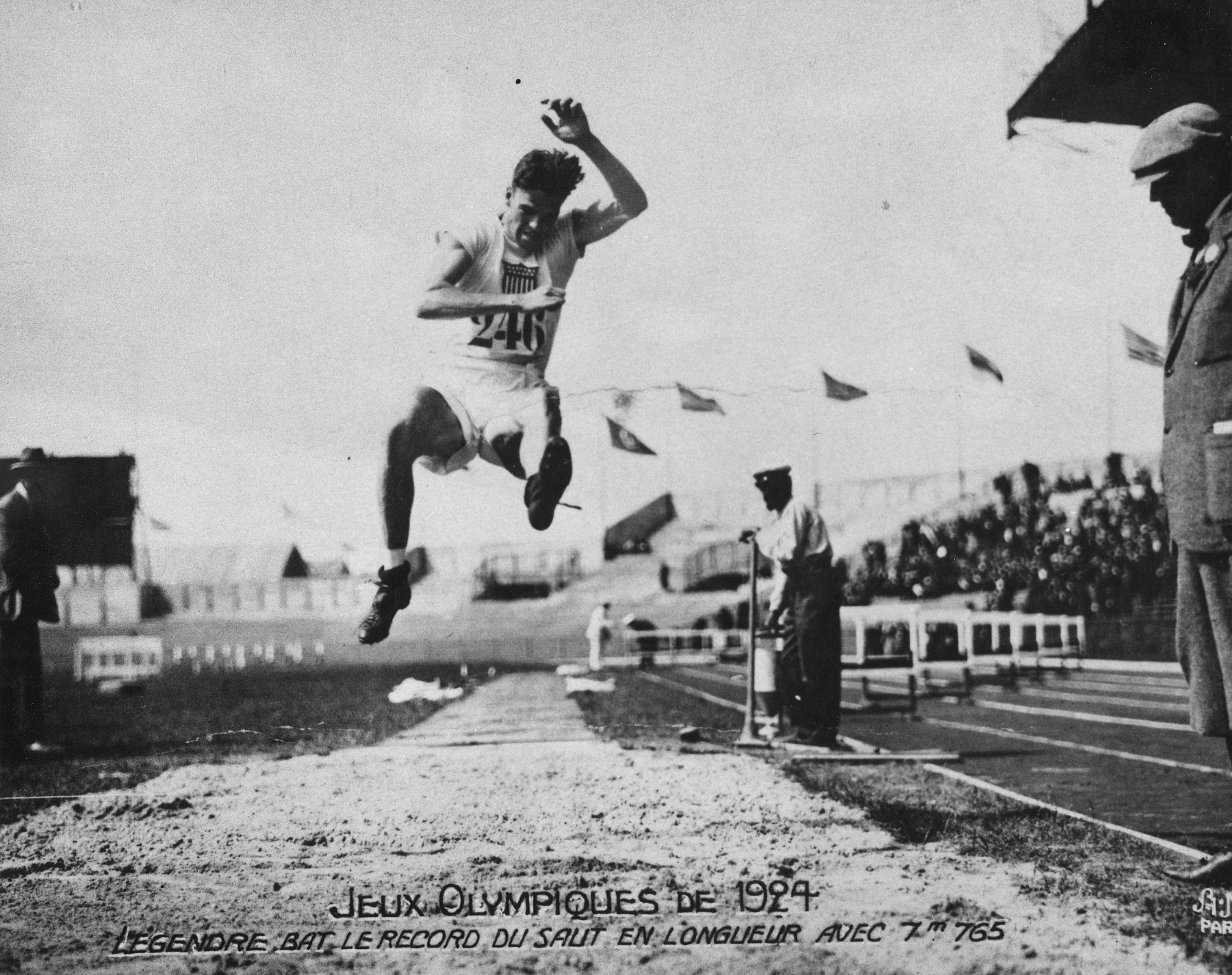 Robert LeGendre setting the world broad jump record at the 1924 Paris Olympics