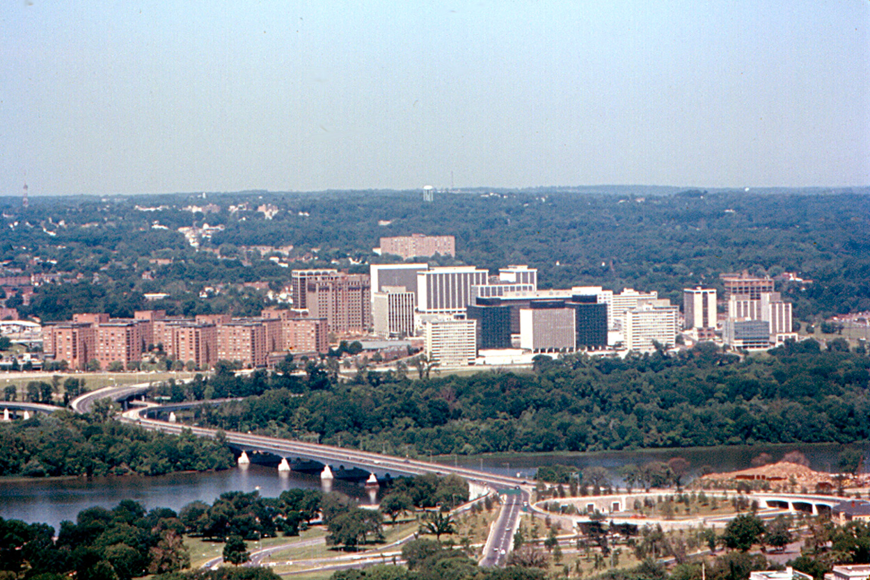 Rosslyn skyline seen from the Washington Monument in 1968 with the brick Arlington Towers at left