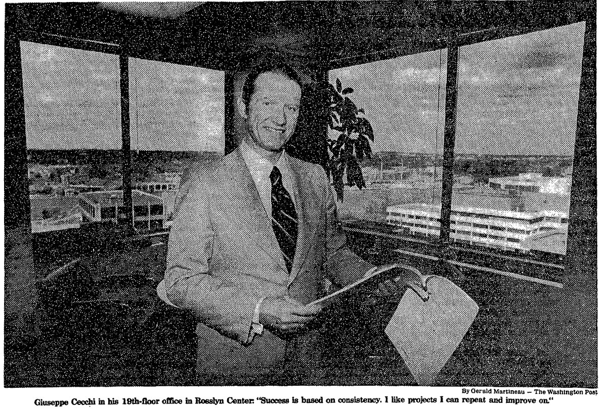 Giuseppe Cecchi in his 19th-floor Rosslyn Center office, photographed for the 1981 Washington Post Condo King feature