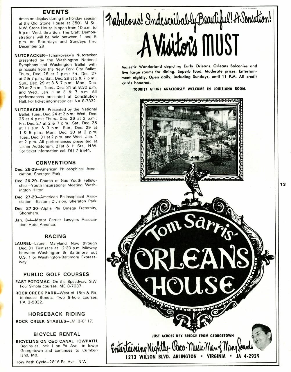 Tom Sarris Orleans House print ad, late 1968, with the iconic oval logo and Wilson Boulevard address