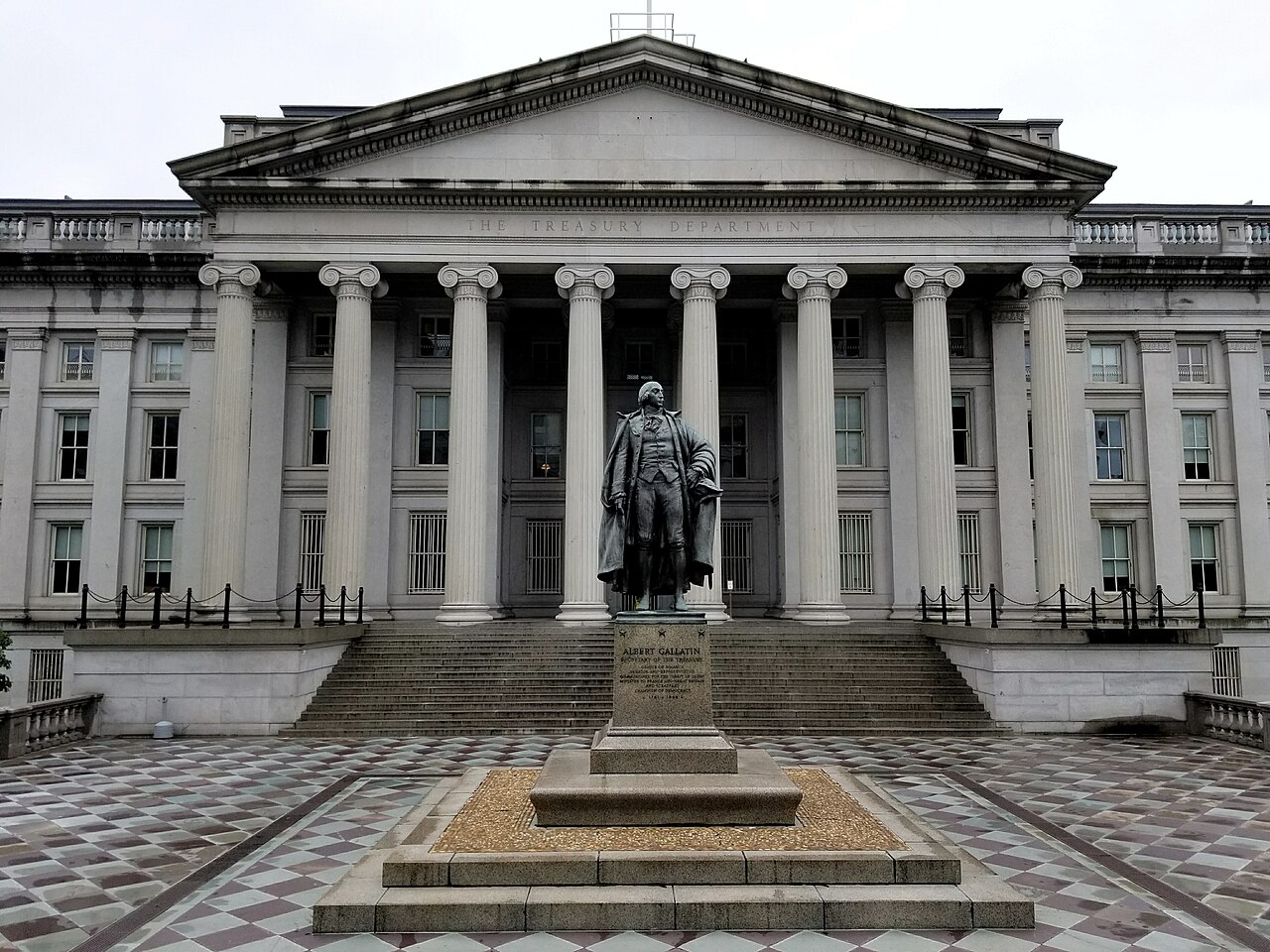 The U.S. Treasury Building and Albert Gallatin statue, present day.