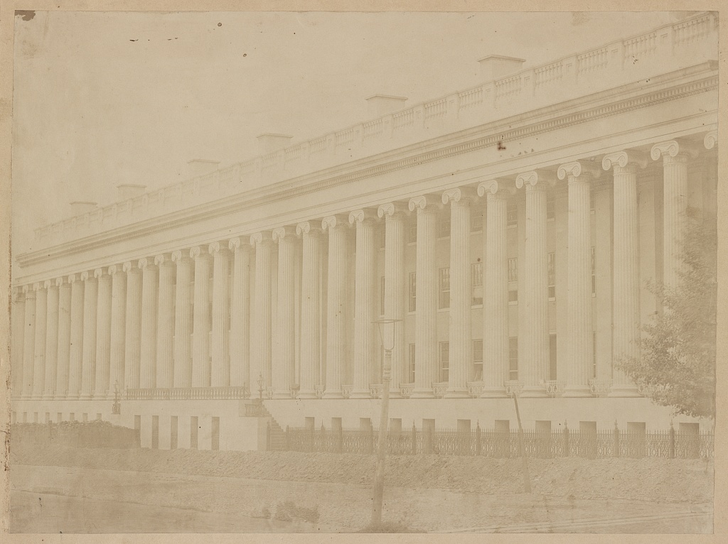 East colonnade of the US Treasury Building, photographed by Lewis E. Walker, 1857-1858.