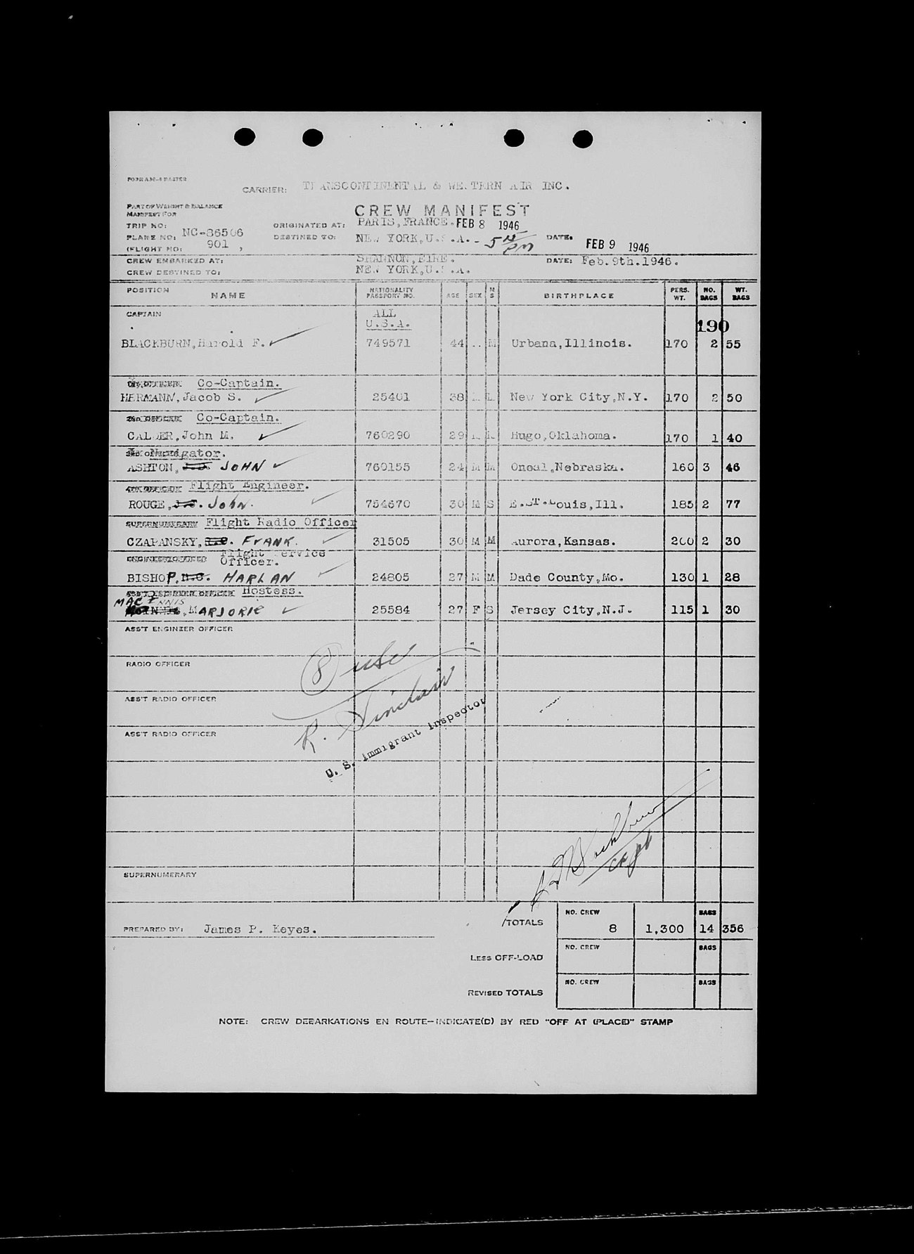 TWA crew manifest, Paris to New York, February 9, 1946, listing Captain Harold F. Blackburn