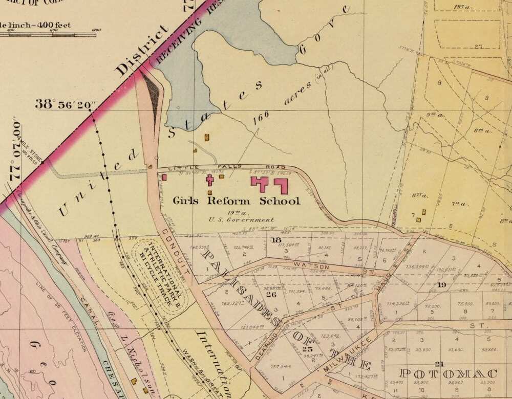 1903 Baist atlas plate showing the Girls Reform School near Conduit Road and the Palisades