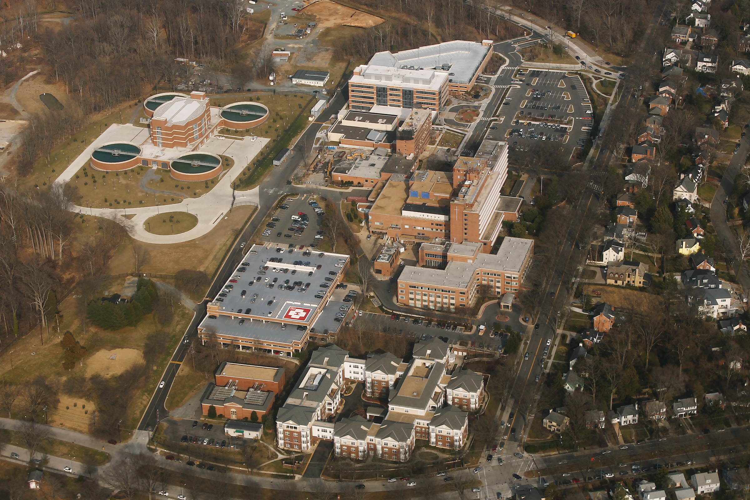 Aerial view of Sibley Memorial Hospital today on the Palisades hill where the reform school once stood