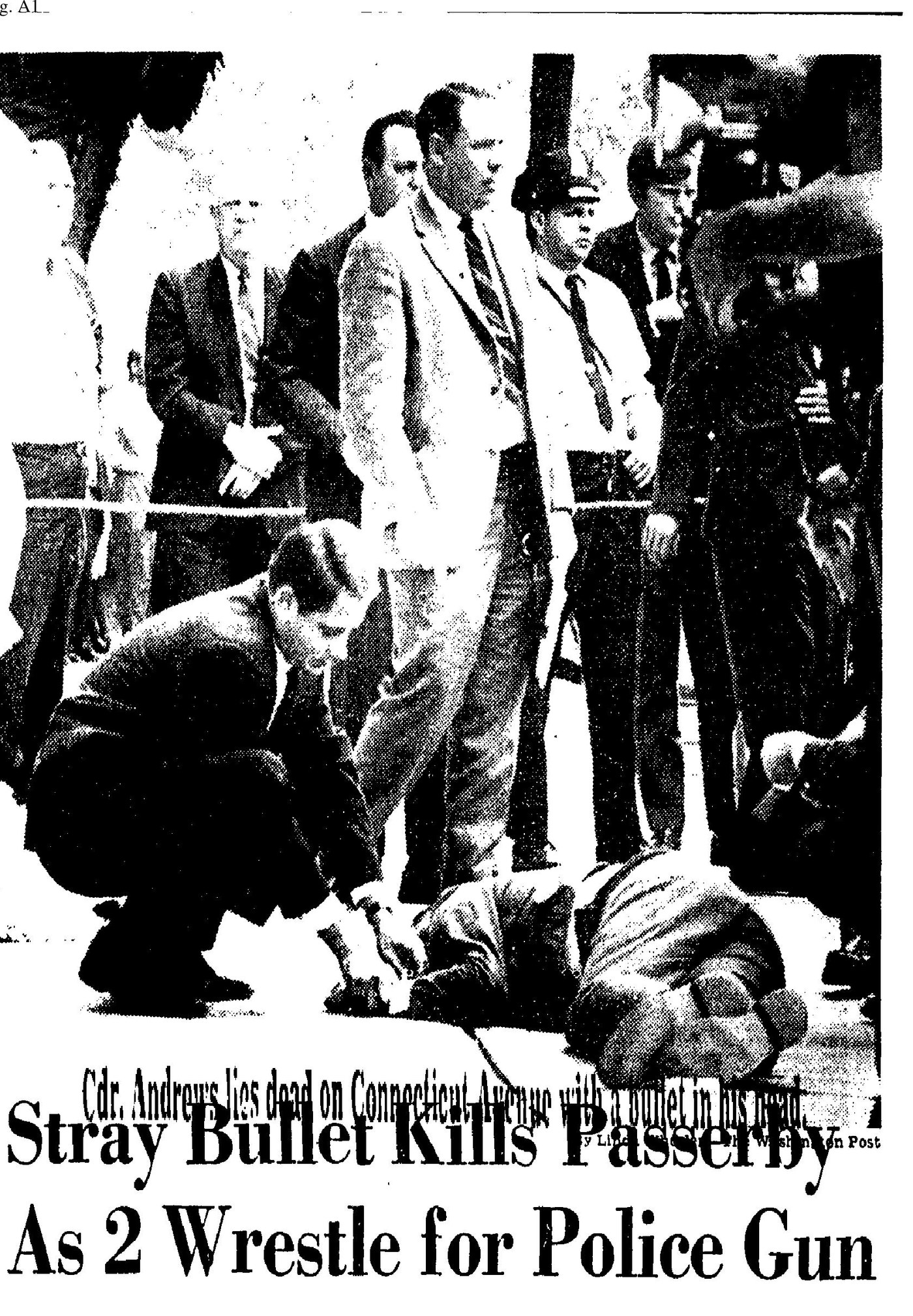 Front page of the Washington Post, May 8, 1969, showing Coast Guard Cdr. Andrews lying dead on Connecticut Avenue outside 1345 Connecticut
