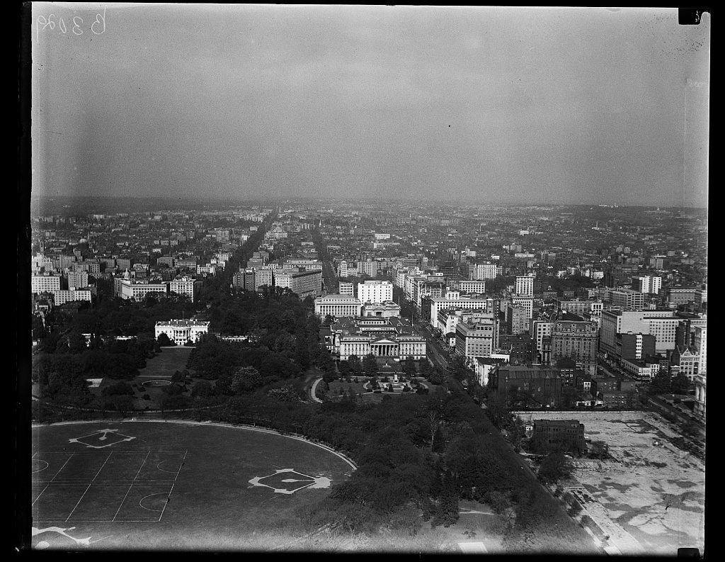 Aerial view of Washington DC looking north toward the White House by Harris and Ewing 1928