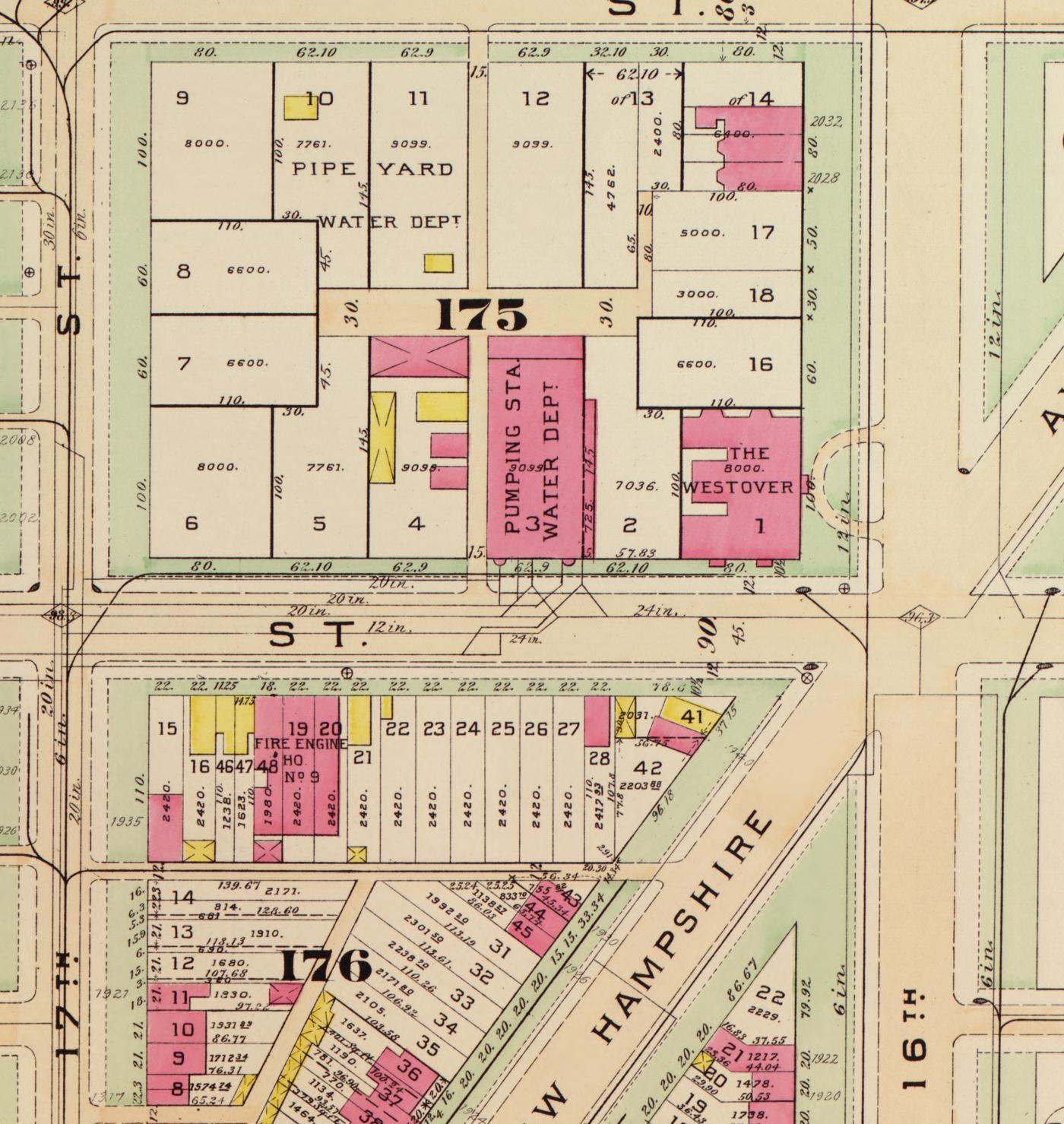 1903 Baist real estate atlas plate showing the 1600 block of U Street NW between 16th and 17th, with Engine Company No. 9, the U Street pumping station, and the Westover apartments.