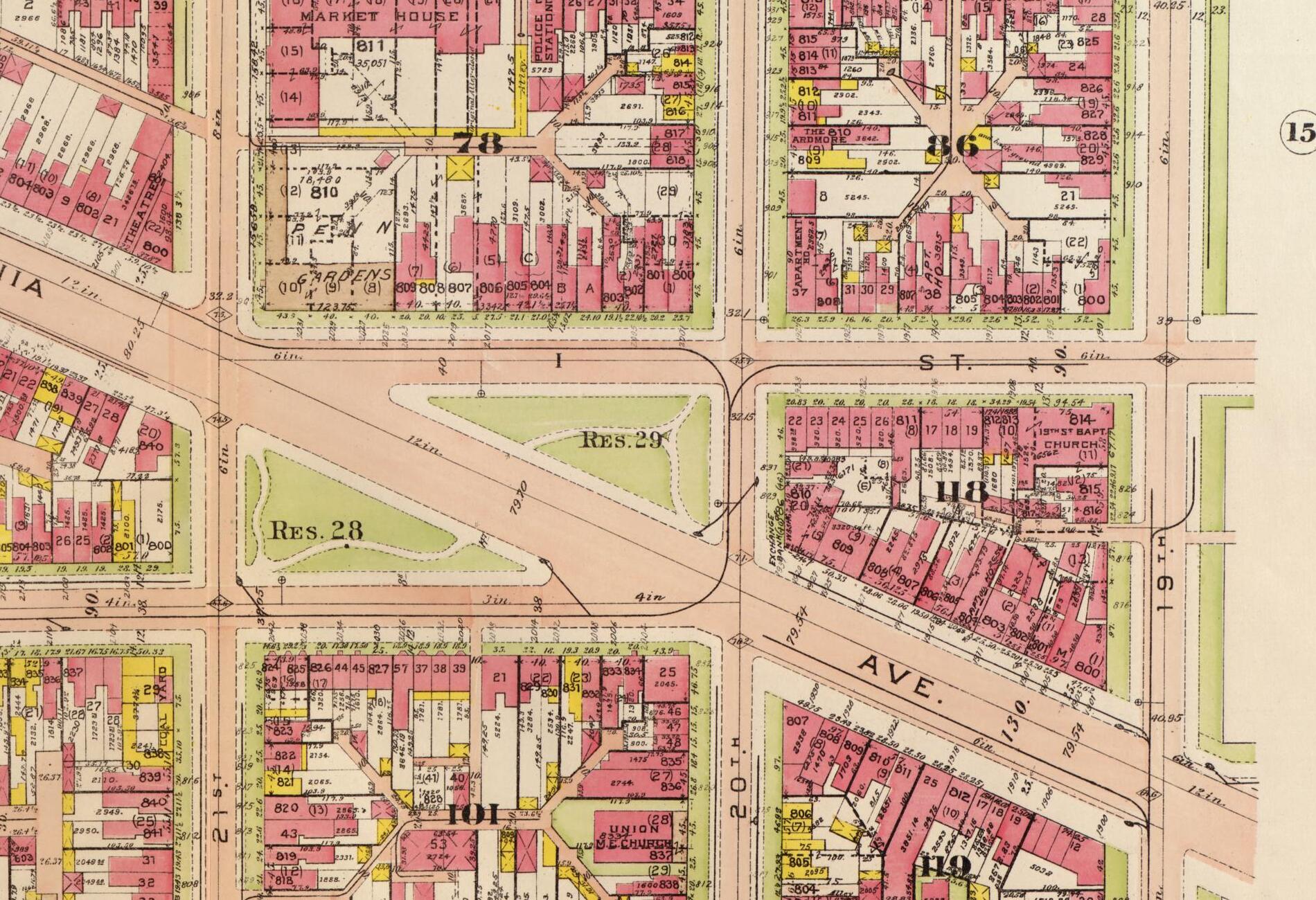 Baist 1919 detail crop of 20th and Pennsylvania Avenue NW showing pre-Hotel Lombardy block