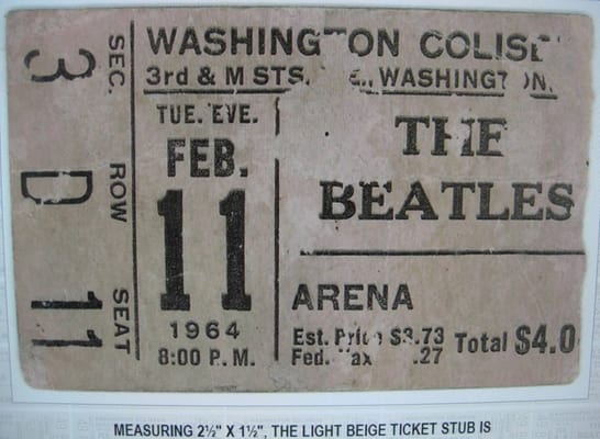 Ticket stub for the Beatles concert at Washington Coliseum, February 11, 1964