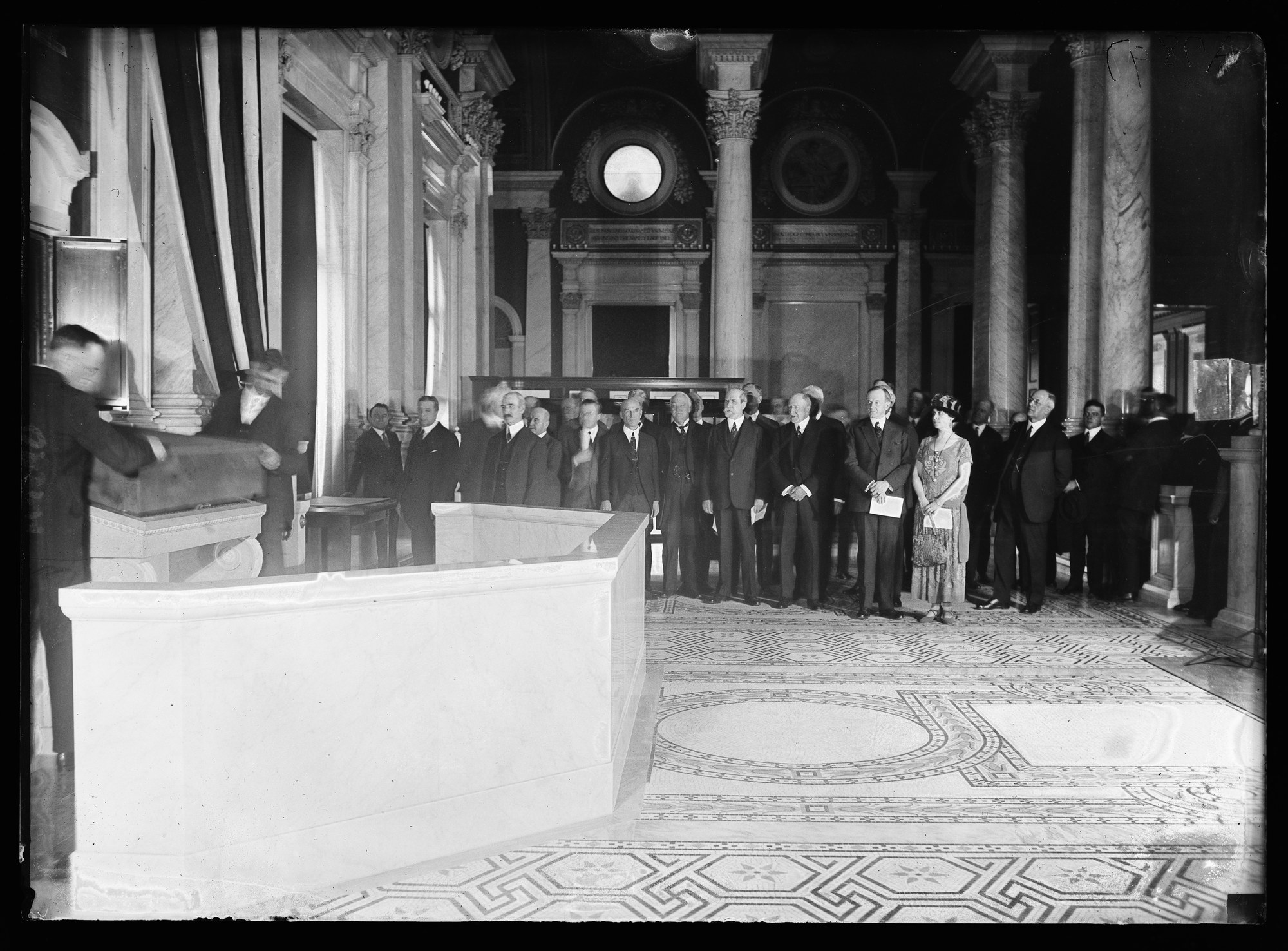 President and Mrs. Coolidge and dignitaries at the dedication of the Declaration of Independence shrine in the Library of Congress Great Hall in 1924
