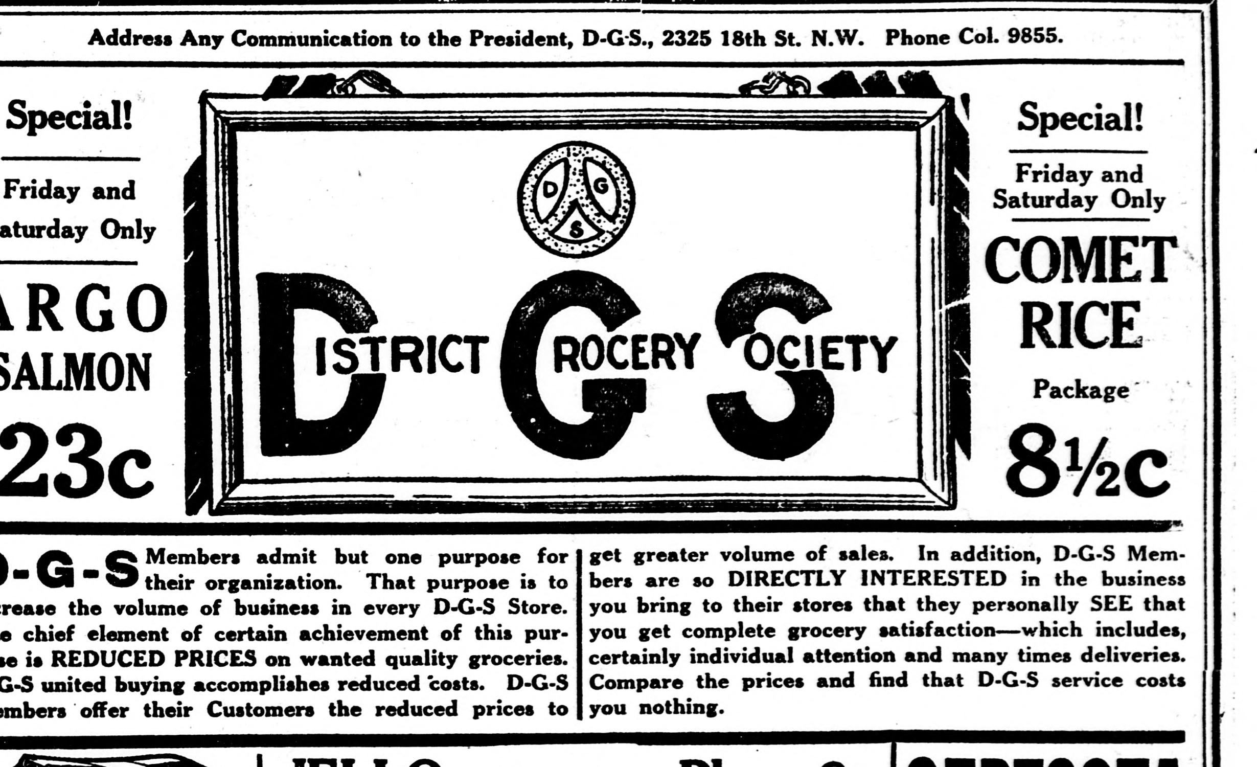 1921 District Grocery Society newspaper ad with headquarters address 2325 18th St NW