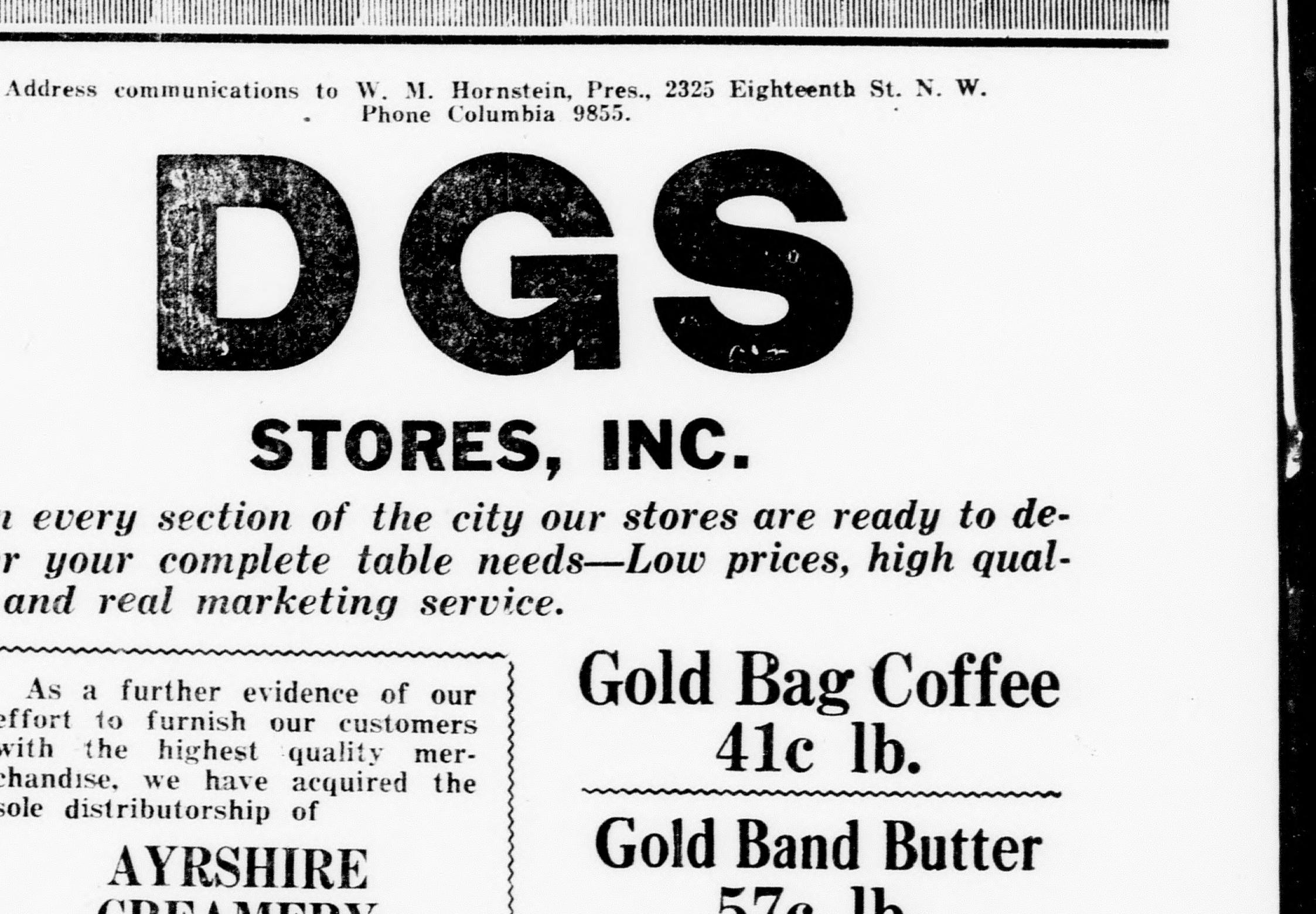 1925 DGS Stores Inc newspaper ad addressed to president W. M. Hornstein at 2325 Eighteenth St NW