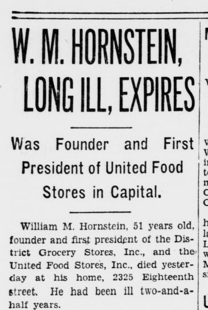 1934 Evening Star obituary headline for W. M. Hornstein, DGS founder, who died at 2325 Eighteenth Street