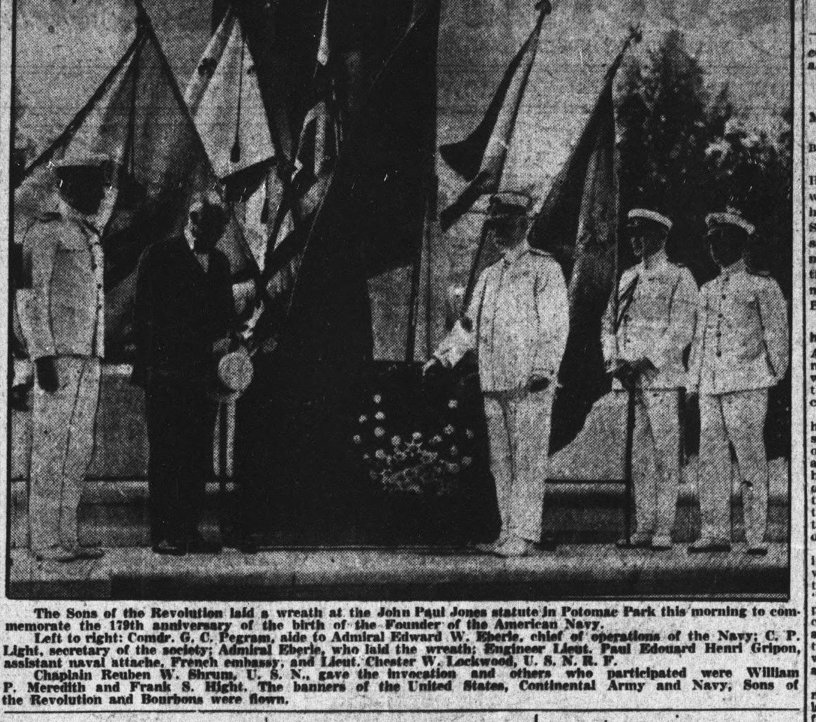 Naval officers and members of the Sons of the Revolution at a wreath laying at the John Paul Jones statue in Potomac Park in July 1926