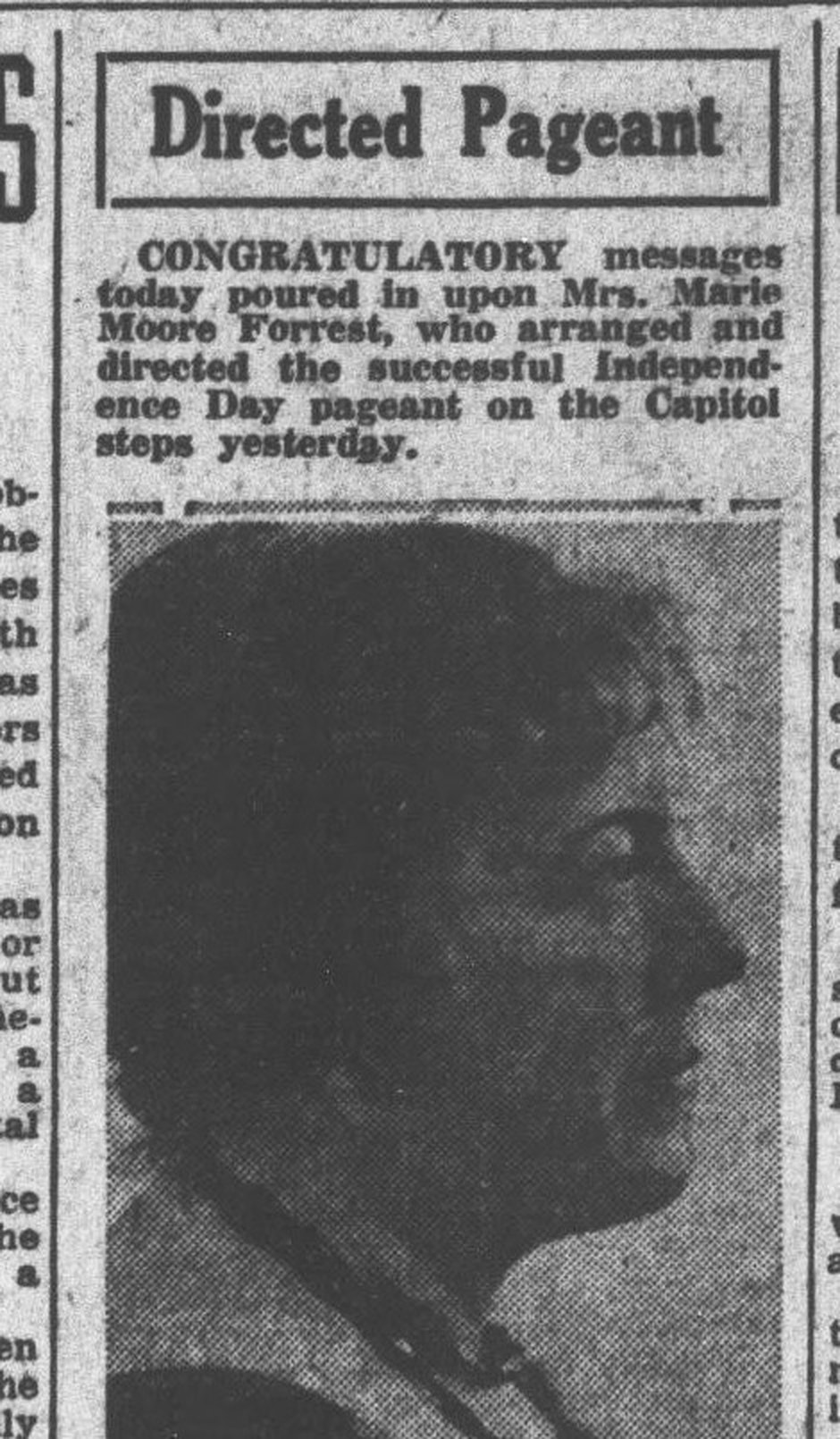 Washington Times clipping with portrait of Mrs. Marie Moore Forrest, director of the 1926 Independence Day pageant