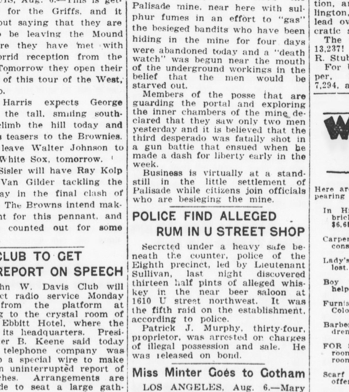 Washington Times front-page clipping, August 6, 1924, describing the fifth Prohibition raid at 1610 U Street NW.