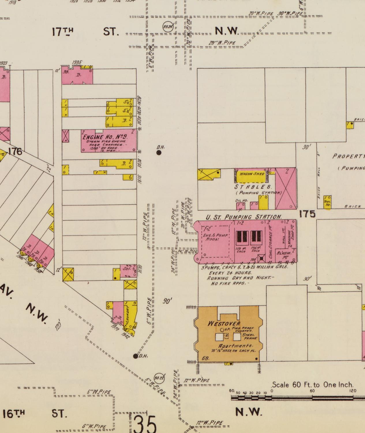 1903 Sanborn fire insurance map of the 1600 block of U Street NW, with 1610 labeled as a saloon (Sal.), near Engine Company No. 9 and the U Street pumping station.