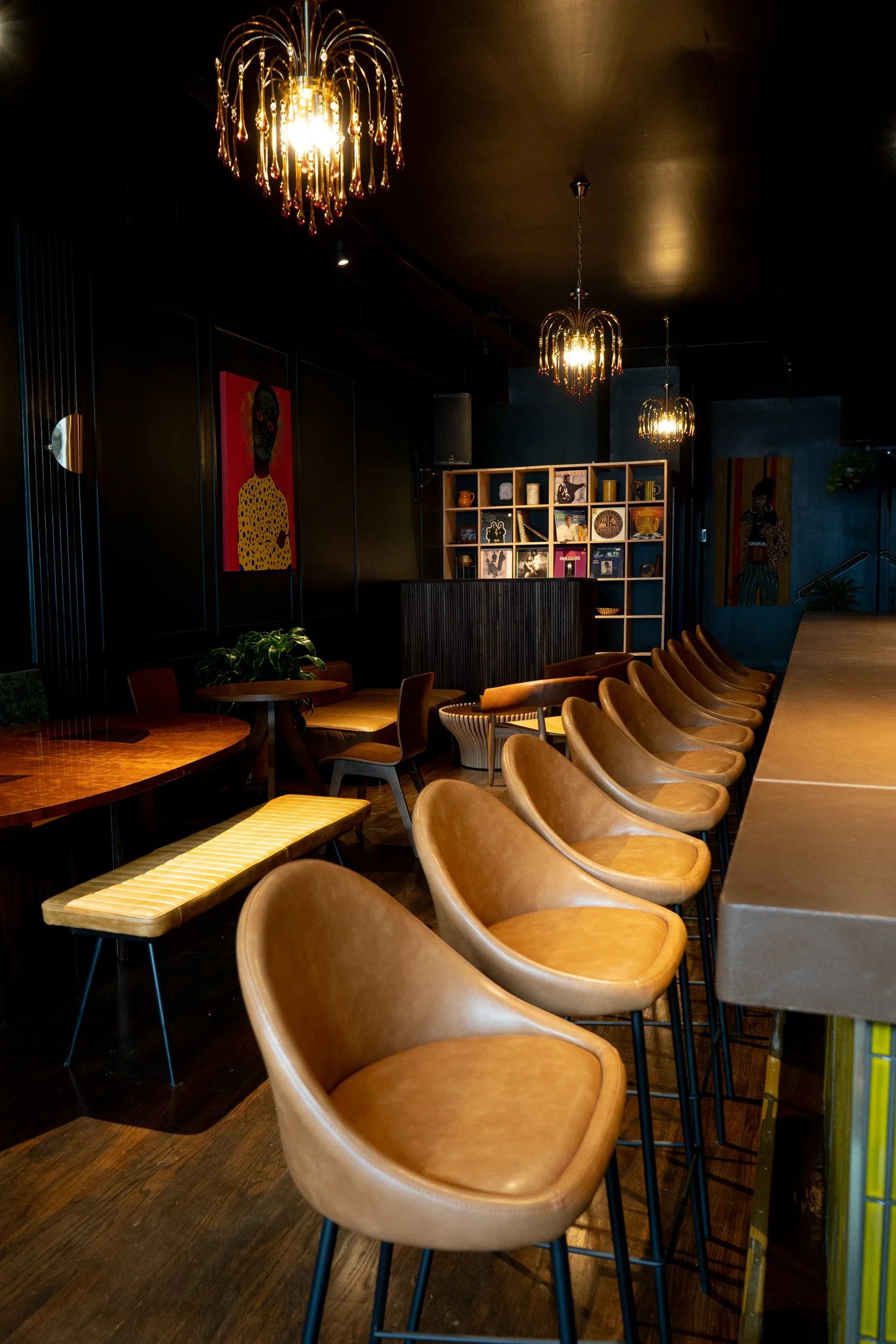Shanklin Hall interior with bar seating, record shelves, and local artwork