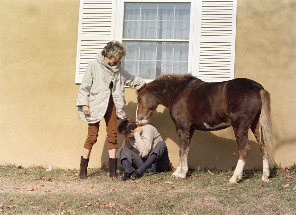 President Kennedy and Antoinette Bradlee with the pony Leprechaun at Wexford in Atoka, Virginia, November 10, 1963